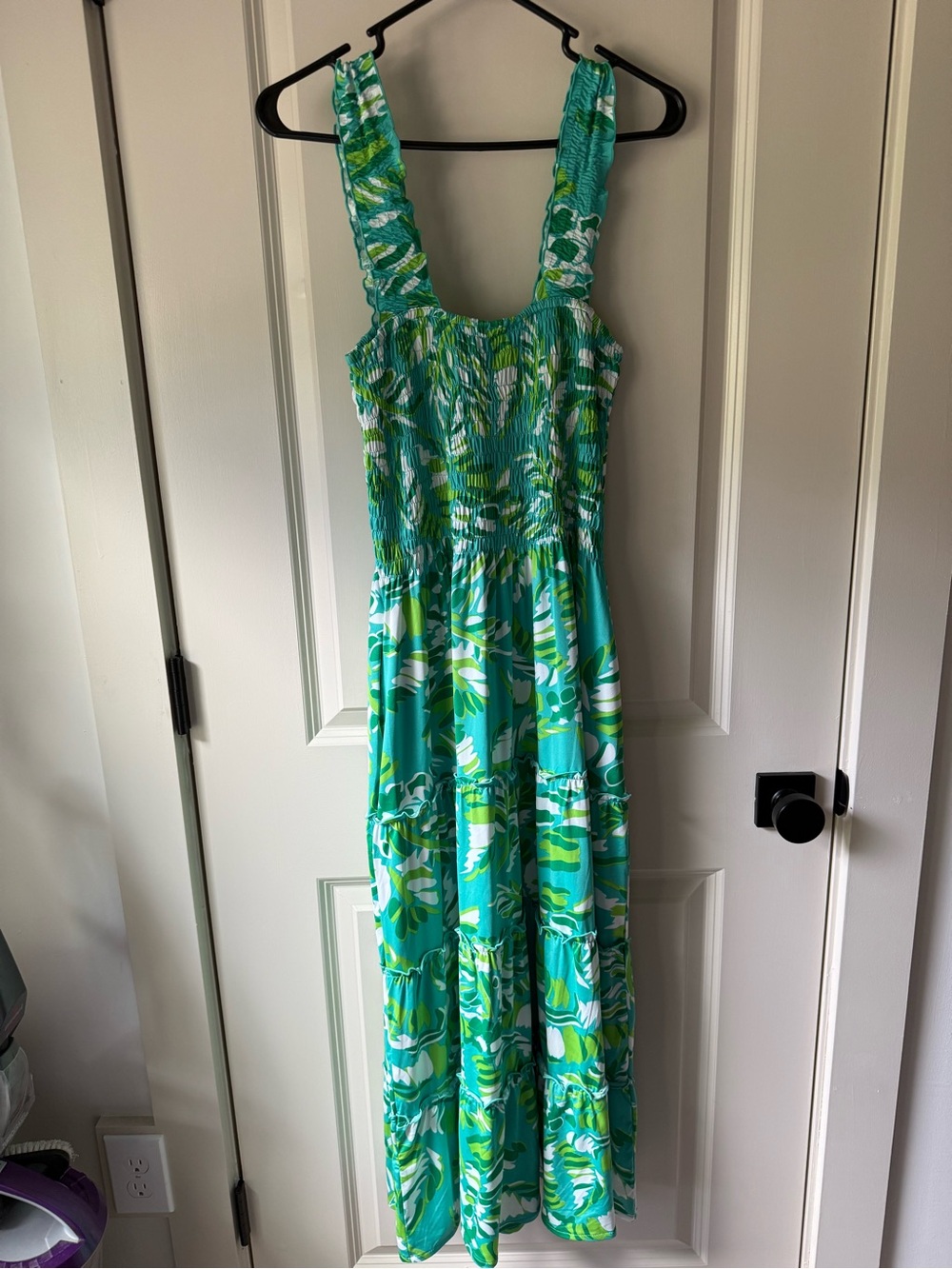 La Mer Luxe Smocked Blue/Green Floral Maxi Dress with Wide Straps and Pockets